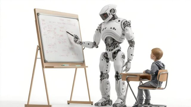 Roboter lehrt und unterrichtet Kind an Tafel &ndash; Zukunft der Bildung und Schule digital . K&uuml;nstliche Intelligenz KI