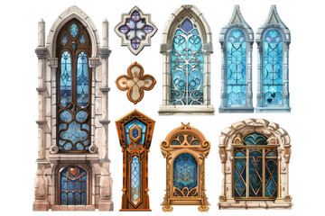 Different windows and decorative elements with blue stained glass, perfect for fantasy games or illustrations, on transparent background