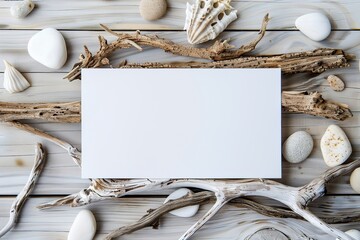 Summer stationery mock-up scene with blank paper card on whitewashed wood background with driftwood and seashells, flat lay, top view
