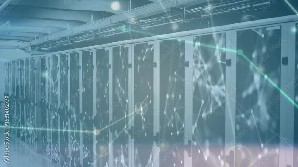Poster glowing nodes starting over server cabinets animating lines drifting and pulsing showing data flow