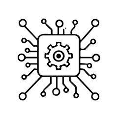 Microchip illustration with gear icon and circuit connections  