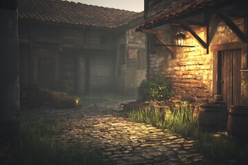 Rustic European village street at twilight