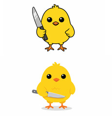 Cute Yellow Chick Character Holding Knife and Fork - Cartoon Mascot Vector Illustration