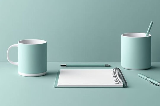 Pen poised over open notebook next to cup on table.
