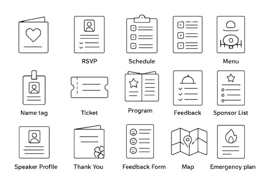 Event planning set. linear event icons: rsvp, schedule, menu, ticket, map, feedback vector icons.