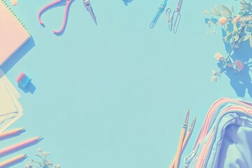 Pastel-toned school supplies arranged in a border on a light blue surface