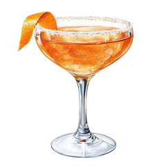 PNG Sidecar cocktail with sugar rim and orange peel garnish in coupe glass. Watercolor illustration of classic brandy-based citrus drink isolated on transparent background. 