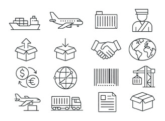 Shipping logistics set. transportation, delivery, trade, linear cargo, container vector icons
