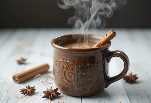 Hot mulled cider in a festive mug with aromas of cinnamon and spices on a wooden table