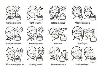 Skincare routine set. daily beauty care linear icons. morning, night, cleansing vector icons.