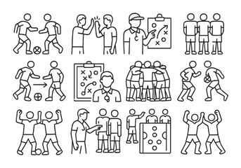 Soccer strategy set. linear sports tactics, coach, players, training, match vector icons.