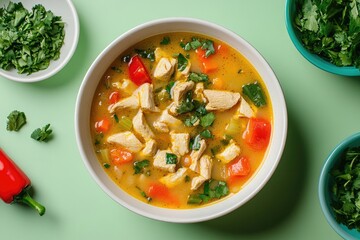 Creamy chicken soup in a white bowl, garnished with herbs, surrounded by ingredients