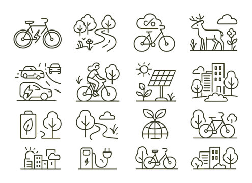 Eco-friendly transportation set. linear bicycle, car, nature, charging, renewable vector icons.