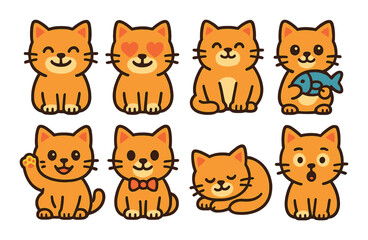 Cat expression set. cute feline flat style. smiling, heart eyes, bow tie, sleeping vector icons.