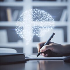 hand with pen, digital brain 