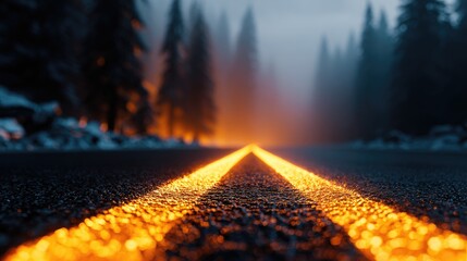 A road through a misty forest at twilight, highlighted by luminous yellow lines.