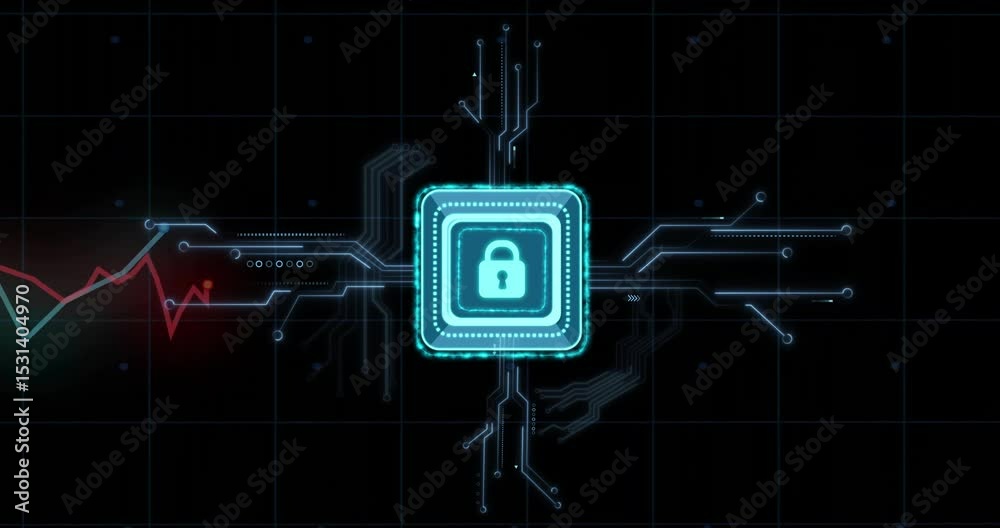 Poster module pulsing lighting traces, graphs oscillating and data pulses traveling visualizing security