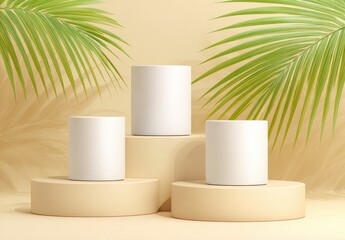 Three blank cylindrical containers on tiered beige platforms with palm fronds