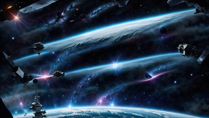 Colorful interstellar scene with spacecraft and shooting stars