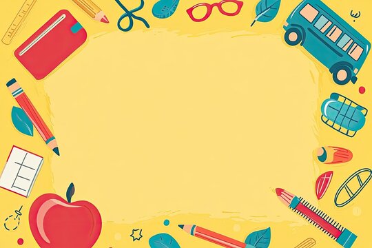 Back-to-school themed border.  Colorful stationery, school bus, apple, and leaves arranged around a light yellow background