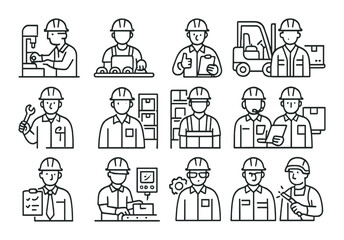 Industrial worker set. factory labor linear icons. engineer, mechanic, forklift, warehouse vector icons.