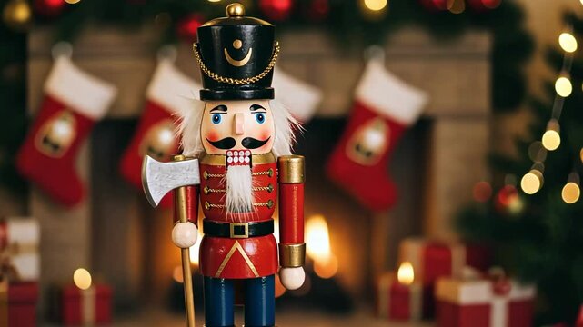 A festive nutcracker toy stands before a warm, glowing fireplace.