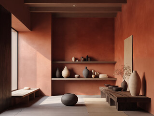 Wabi sabi and japandi japanese style rustic interior in terracotta with wood, pottery and texture elements