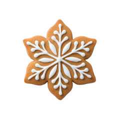 Snowflake shaped gingerbread cookie with intricate white icing design on transparency background, perfect for festive occasions