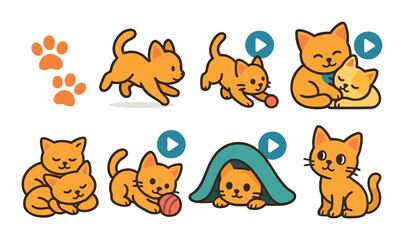 Fototapeta premium Cat activities set. playful feline flat icons. puppy, ball, paw, hug, hide vector icons.