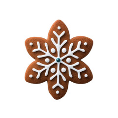 Beautifully decorated gingerbread cookie in shape of snowflake with intricate white icing details, perfect for festive occasions