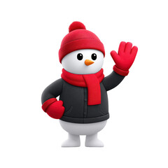 Cute snowman wearing red hat, scarf, and gloves waves cheerfully. snowman is dressed in black jacket, creating cozy winter look