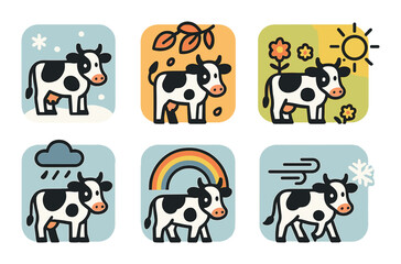 Cow icon set. seasonal flat cows: winter, autumn, spring, summer, weather vector icons
