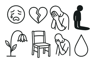 Emotion icon set: sadness and grief linear symbols. crying, heartbreak, tear, chair vector icons.