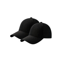 Two black baseball caps are placed side by side, showcasing simple and classic design. caps have curved brim and adjustable strap at back, suitable for casual wear