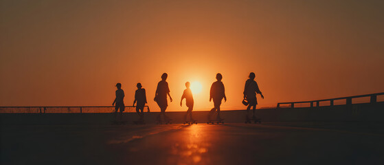A group of people are walking on a road with their skateboards