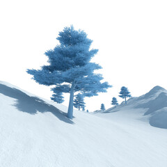 Snow covered landscape with frosty blue trees on gentle slope, creating serene winter scene. clear sky enhances tranquil atmosphere, perfect for peaceful winter day