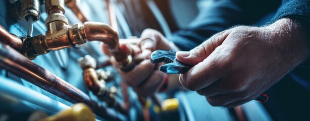 The plumber working on copper pipes with adjustable pliers in a service environment.