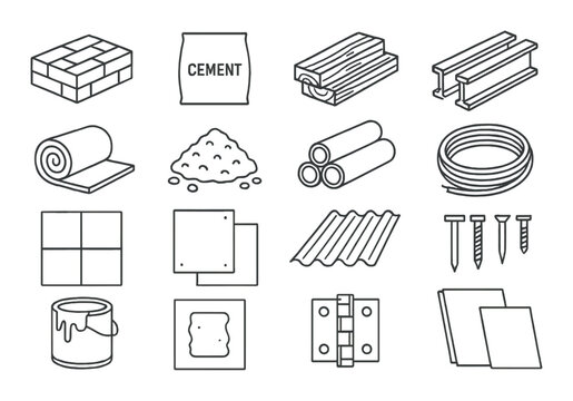 Building material set. construction linear icons. cement, bricks, lumber, nails vector icons.