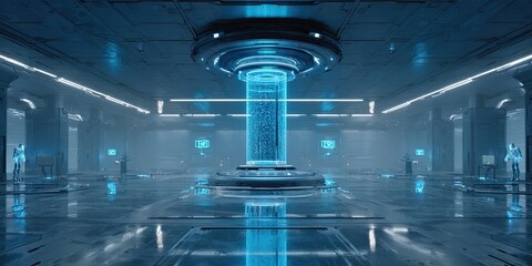 Futuristic, sterile, and glowing interior.  A central column of  bright blue energy