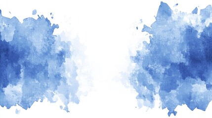 Obraz premium Abstract watercolor painting featuring two large, irregular blue shapes on a white background, separated by a wide white space. The shapes resemble splatters or clouds