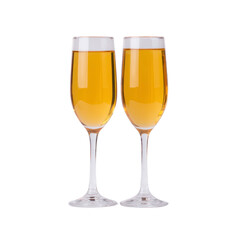 Two elegant wine glasses filled with golden beer stand side by side, showcasing frothy head. clear glass highlights rich color of beverage, creating refreshing and inviting appearance