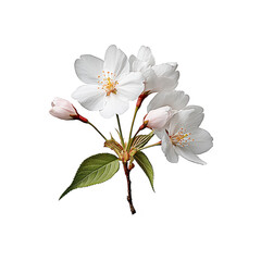 Delicate white cherry blossoms with green leaves on transparency background, showcasing nature beauty and elegance. soft petals and vibrant leaves create serene and peaceful image