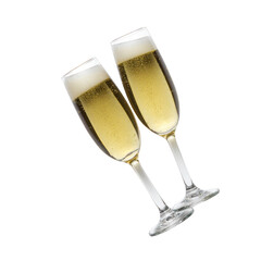 Two champagne flutes filled with bubbly champagne are tilted together, symbolizing celebration and joy. golden liquid sparkles with bubbles, creating elegant and festive atmosphere
