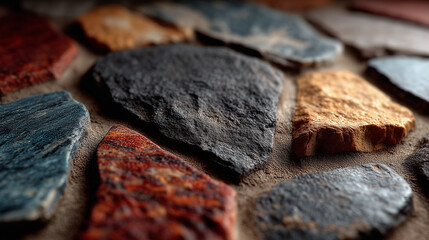 Close up shot of a colorful stone pathway with various textures and earthy tones in a detailed view