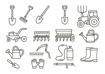 Obraz premium Gardening tool set. farming equipment silhouette style. shovel, rake, tractor, gloves, boots vector icons.