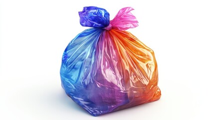 Colourful plastic trash bag with white background, tied up and filled with rubbish or waste