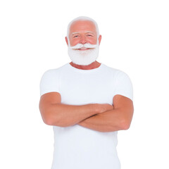 Elderly man with white beard and mustache, wearing white t shirt, stands confidently with arms crossed against plain background. His expression is calm and content