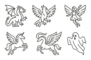 Obraz premium Fantasy creature icon set. mythical linear dragon, phoenix, fairy, unicorn, pegasus, ghost vector icons.