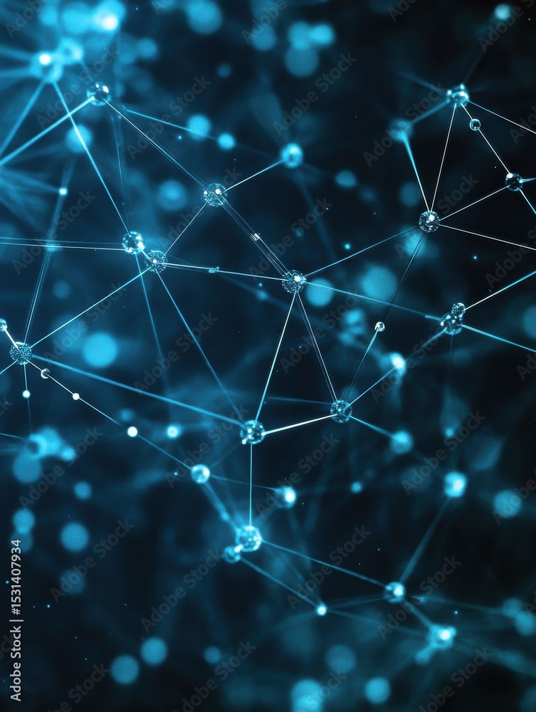 Poster abstract design featuring a network of connected dots and structures representing global technology 