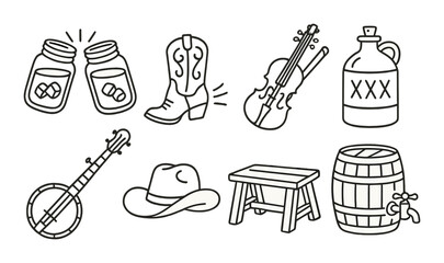 Obraz premium Country music icon set. cowboy, guitar, hat, boots, linear banjo, barrel vector icons.